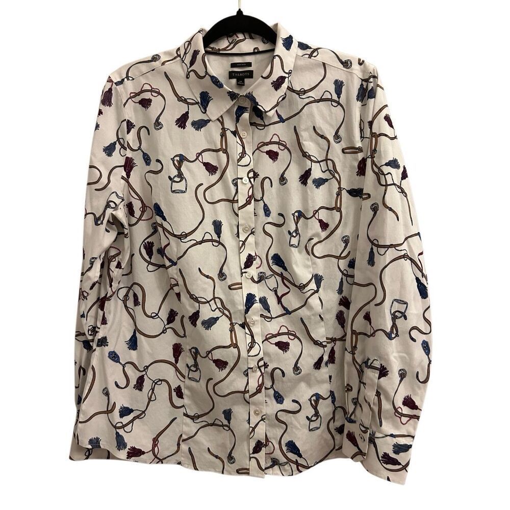 Talbots non-iron button down shirt sz 14 equestrian print preppy work stretch